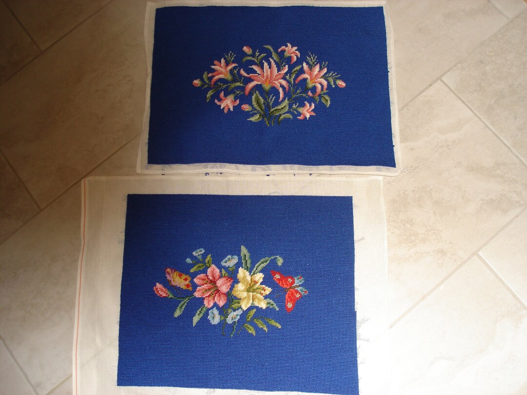 2 Royal Blue Floral Needlepoint Panels 20.5 Wide Handmade Etsy