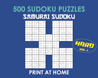 May include: A blue digital document titled 500 SUDOKU PUZZLES SAMURAI SUDOKU featuring a large grid of numbers arranged in a cross pattern. A yellow oval on the right contains the text HARD VOL. 1. The bottom text reads PRINT AT HOME.