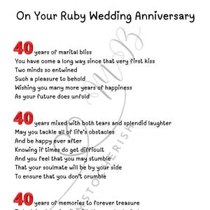 May include: A printed card for a Ruby Wedding Anniversary. The card features a red heart-shaped gemstone and the text "On Your Ruby Wedding Anniversary". The card includes a poem about 40 years of marriage.
