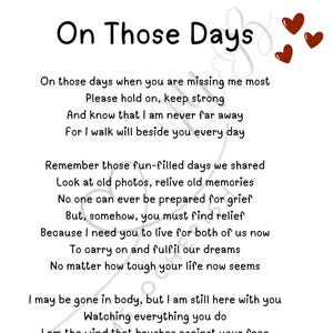 Könnte beinhalten: Eine weiße Karte mit dem Titel "On Those Days" und einem Gedicht über Trauer und Erinnerung. Der Text wird von kleinen roten Herzillustrationen begleitet. Das Gedicht enthält den Satz "Wir werden uns wiedersehen."