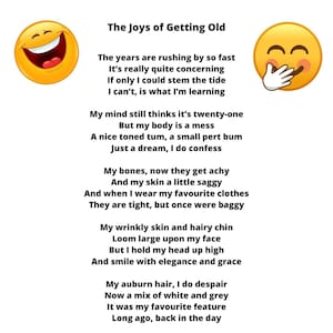 Humorous Poem/A4/A5 Print (Smiley Faces) - Getting Old/Funny Poem/Ageing/Inspirational/Celebration - A4 Digital Print