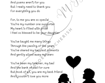 Puede incluir: Impresión en blanco y negro con el texto "For You Dad" y un poema. La imagen incluye una silueta de un padre y su hija con un globo en forma de corazón. El poema trata sobre el amor paterno.