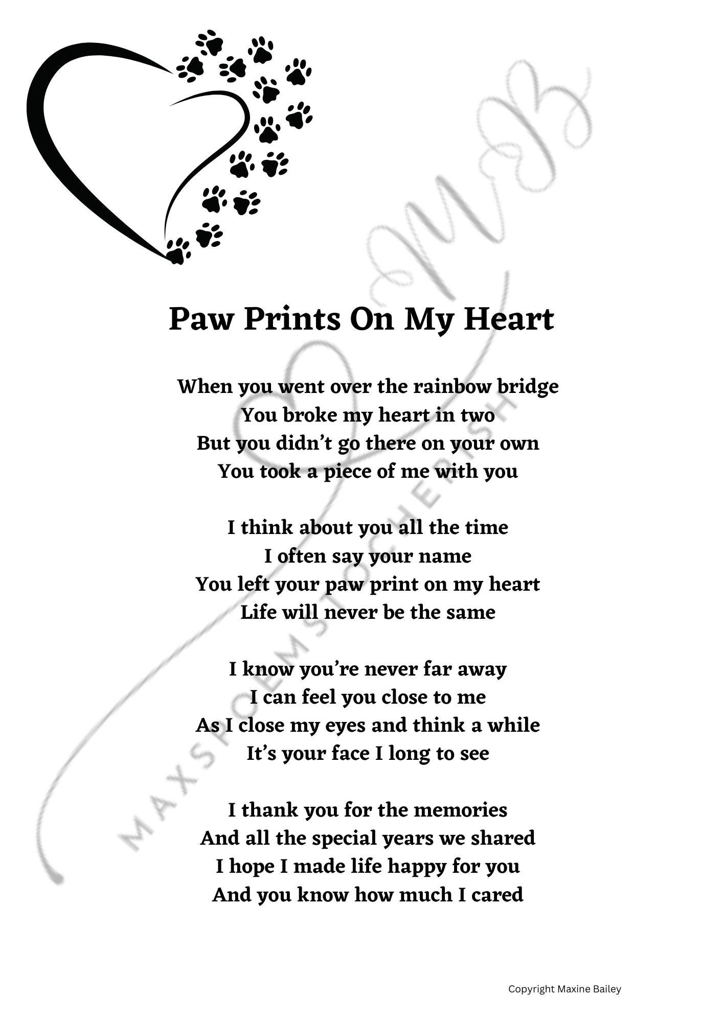 Poème/souvenir de la perte d'un animal de compagnie - empreintes de pattes sur mon coeur/pont arc-en-ciel - cadeau pour lui/cadeau pour elle - téléchargement numérique