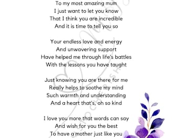 Mother's Day Poem Print: Gift for Mum (A4/A5 Digital Print)