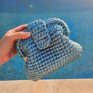 Turquoise Metallic Raffia Women Handmade Bag,Metallic Raffia Handbag,Leather Effect Crochet Pouch Bag,Knitted Clutch Purse,Wedding Party Bag