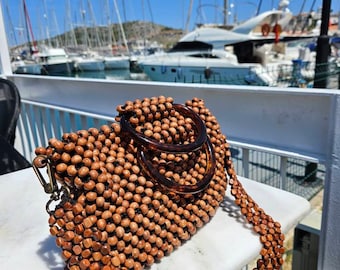 Handmade Wooden Bead Tote Bag, Summer Beaded Handbag