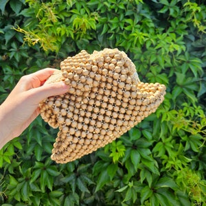 Bolso de mujer de cuentas de madera hecho a mano de oro, bolso de cuentas de madera, mini bolso de cuentas con cierre de cierre, bolso de cuentas de verano, bolso de oro