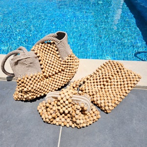 Bolso de mano beige con cuentas de madera, bolso de hombro con cuentas de madera, bolso de verano con cuentas, bolso de mano con cuentas, bolso de verano, bolso de hombro con cuentas