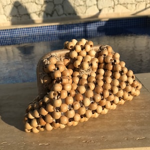 Bolso de mujer de cuentas de madera hecho a mano beige, bolso de cuentas de madera, mini bolso de cuentas con cierre de cierre, bolso de cuentas de verano, bolso beige