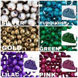 May include: Assortment of wooden beads in various colours, including silver, turquoise, gold, green, lilac, and pink. Each colour is displayed in a separate square with a close-up of the beads and a small purse made from the same beads.
