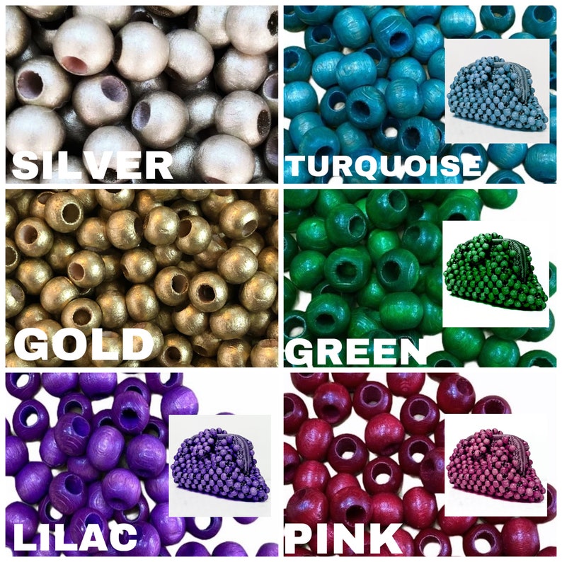 May include: Assortment of wooden beads in various colours, including silver, turquoise, gold, green, lilac, and pink. Each colour is displayed in a separate square with a close-up of the beads and a small purse made from the same beads.