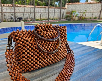 Handmade Wooden Bead Women Shoulder Tote Bag, Wooden Bead