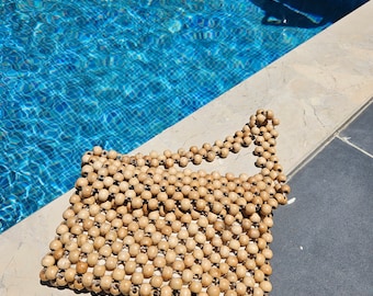 Beige Handmade Wooden Bead Shoulder Bag,Wooden Bead Handbag,Beaded Handbag,Summer Beaded Shoulder Bag,Beige Beaded Shoulder Bag,Beaded Bag