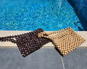 Black Handmade Wooden Bead Shoulder Bag,Wooden Bead Handbag,Beaded Handbag,Summer Beaded Shoulder Bag,Beige Beaded Shoulder Bag,Beaded Bag