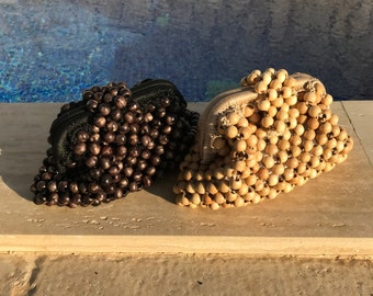 Handmade Wooden Bead Handbag, Beaded Mini Bag with Clasp