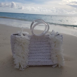 Bolso de rafia blanca con asa superior, bolso de playa de paja, bolso de verano de rafia, bolso de crochet hecho a mano, bolso de rafia con borlas, bolso de rafia