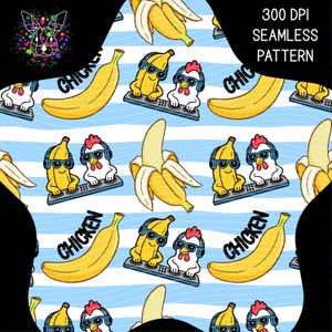 May include: Seamless pattern featuring yellow bananas, a banana wearing sunglasses, and a white chicken wearing headphones, all DJing on a turntable. The design includes blue and white stripes and the word "CHICKEN". The text "300 DPI SEAMLESS PATTERN" is also present.