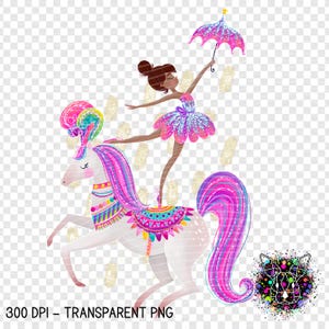 Puede incluir: Ilustración caprichosa de una bailarina sobre un unicornio blanco. La bailarina lleva un tutú rosa y morado y sostiene un paraguas a juego. El unicornio tiene una melena y cola coloridas. La imagen está etiquetada como "300 DPI - TRANSPARENT PNG".