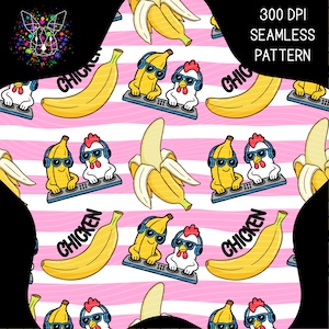 May include: Seamless pattern featuring yellow bananas, cartoon chickens, and bananas wearing sunglasses and headphones, DJing on a pink and white striped background. The word "CHICKEN" is written on some bananas. The text "300 DPI SEAMLESS PATTERN" is also present.