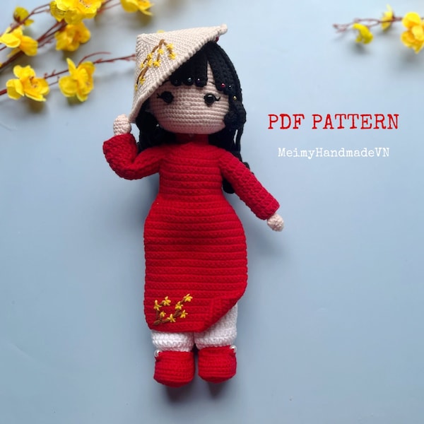 Vietnamese Traditional Ao Dai Doll Crochet Pattern Style 2, Non La, Vietnamese Girl Doll, Amigurumi Doll Pattern, PDF English Tutorial