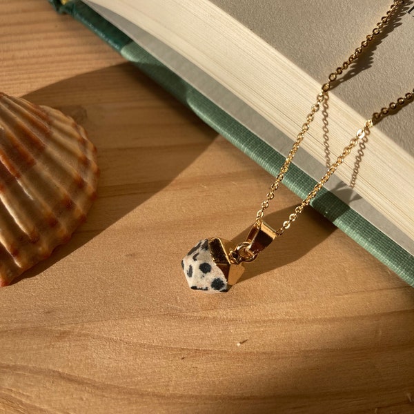 Collana con ciondolo Diaspro Dalmata placcata in oro 18K, Pietra dell Saggezza, Bijoux en pierre naturelle Jaspe dalmate