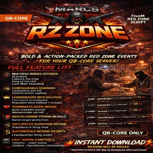 May include: A promotional poster for a FiveM Red Zone script, featuring the text "RZ ZONE" in red with a skull and crosshairs graphic. The poster lists features like multiple game modes, configurable rewards, and instant download.