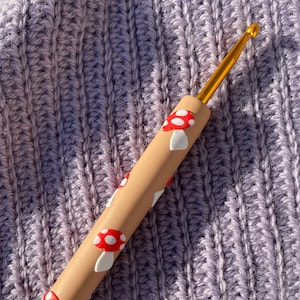 Brown Mushroom Crochet Hook | Cute Cottagecore Ergonomic Custom Polymer Clay Crochet Hook Grip | Fall-Themed Red Toadstool Crochet Hook