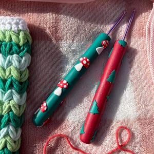 Green Mushroom and Red Pine Tree Polymer Clay Crochet Hook Set | Handmade Ergonomic Polymer Clay Crochet Hooks
