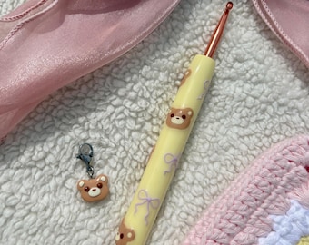 Yellow Teddy Bear and Purple Bow Crochet Hook | Cute Ergonomic Polymer Clay Crochet Hook Grip | Yellow Crochet Needle