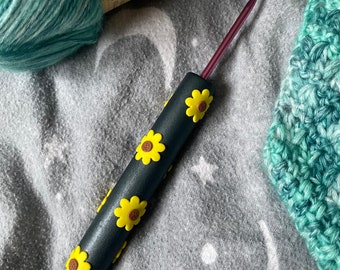 Sunflower Crochet Hook | Handmade Ergonomic Custom Polymer Clay Crochet Hook Grip | Shimmery Black Sunflower Crochet Hook