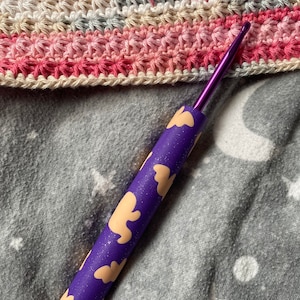 Halloween Themed Glitter Purple and Orange Halloween Ghost and Bat Crochet Hook | Handmade Ergonomic Custom Crochet Hook