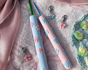 Blue and Pink Cherry Blossom Custom Polymer Clay Crochet Hook Set