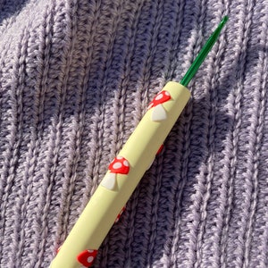 Yellow Mushroom Crochet Hook | Handmade Ergonomic Custom Polymer Clay Crochet Hook Grip | Made to Order Yellow Crochet Needle