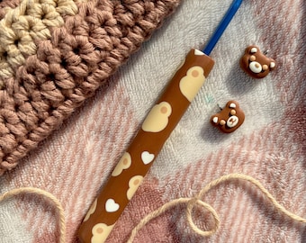 Dark Brown Teddy Bear Crochet Hook | Handmade Ergonomic Custom Polymer Clay Bear Crochet Hook