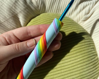 Rainbow Swirl Polymer Clay Crochet Hook | Blue Ergonomic Handmade Grip Tool