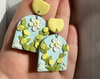 Pastel Blue and Yellow Lemon Earrings | Pastel Spring Earrings | Flower Earrings | Polymer Clay Earrings