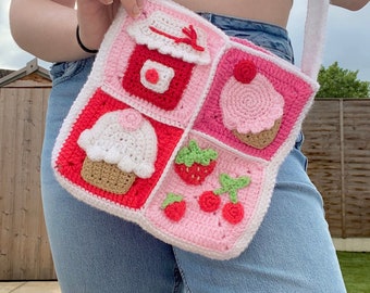 Strawberry Cake Handmade Crochet Shoulder Bag | Red and Pink Bag | Cute Pink Shoulder Bag | Cupcake Themed Bag