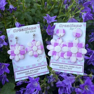 Purple Gingham Flower Polymer Clay Earrings | Stainless Steel Light Purple Checkered Flower Stud Earrings