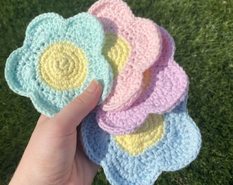 Pastel Daisy Crochet Coasters, Pastel Flower Cotton Coasters