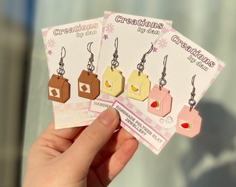 Milkshake Carton Polymer Clay Dangle Earrings | Strawberry Milk Earrings | Banana Milk Earrings | Chocolate Milk Earrings