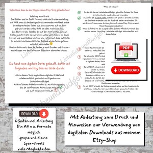 May include: A digital download product listing for printable designs. The image shows a text-heavy document with a blue and white color scheme. The document includes instructions for printing and using the digital downloads. The document also includes a list of what is and is not allowed with the digital downloads. The document includes a download button and a PDF icon.