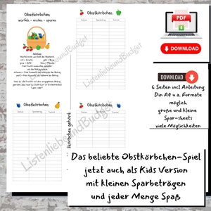 May include: Printable game for kids featuring a fruit basket theme. The game includes two pages with grids for tracking savings, a title page with instructions, and a download button.