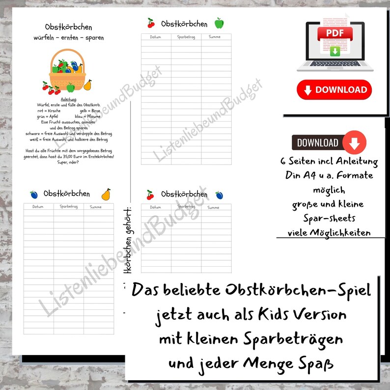 May include: Printable game for kids featuring a fruit basket theme. The game includes two pages with grids for tracking savings, a title page with instructions, and a download button.