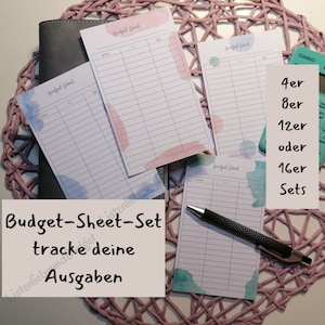 Könnte beinhalten: Ein Set Budgetblätter mit Aquarelldesigns in Rosa, Blau und Grün. Die Blätter haben Spalten für Datum, Artikel und Preis. Der Text auf den Blättern lautet "Budget Sheet". Der Text auf dem Bild lautet "Budget-Sheet-Set tracke deine Ausgaben".