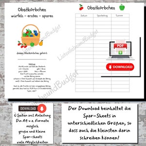 May include: A printable PDF download for a fruit-themed savings tracker. The download includes 6 pages with instructions and different sized sheets for tracking savings. The image shows a basket of fruit, a laptop with a PDF icon, and the text "Obstk&ouml;rbchen" which translates to "fruit basket".