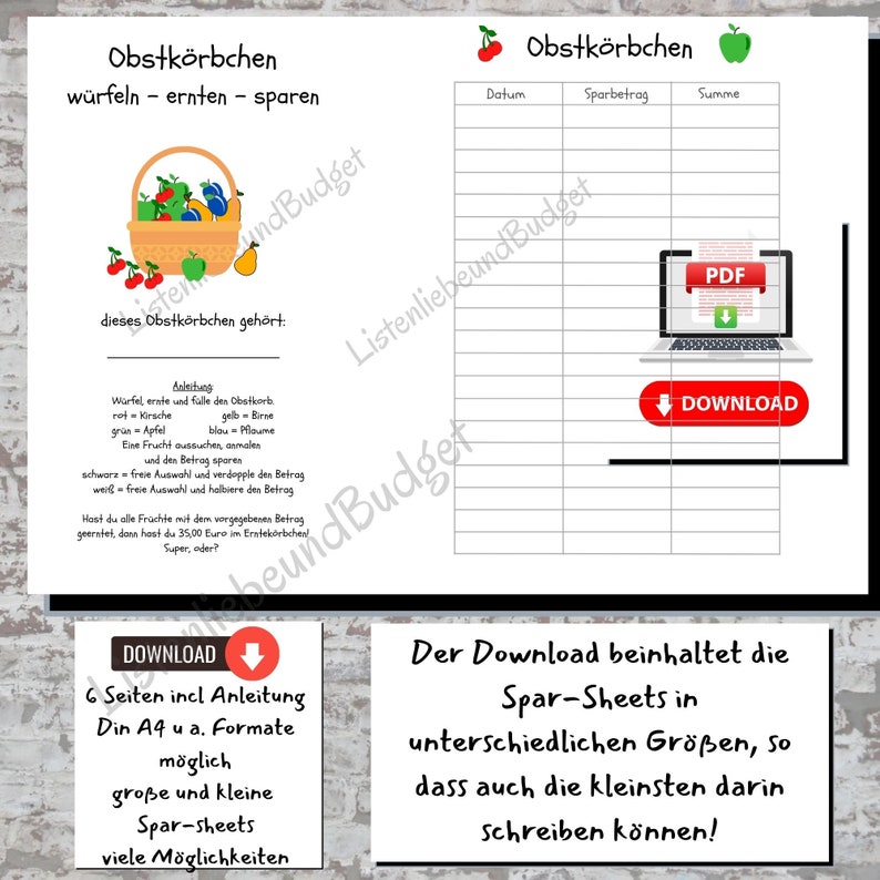 May include: A printable PDF download for a fruit-themed savings tracker. The download includes 6 pages with instructions and different sized sheets for tracking savings. The image shows a basket of fruit, a laptop with a PDF icon, and the text "Obstk&ouml;rbchen" which translates to "fruit basket".