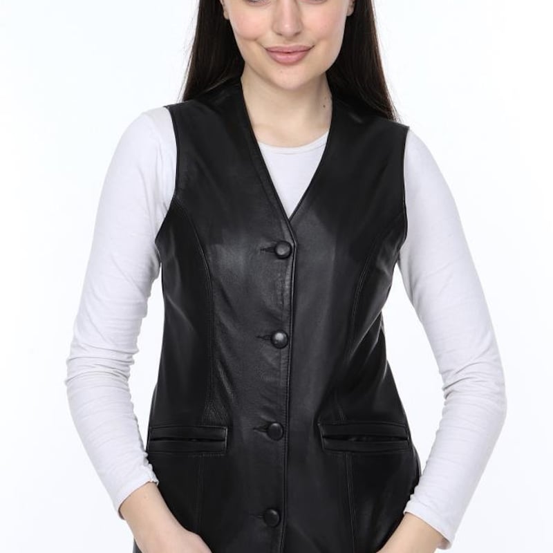 Leather vest, men's size L genuine leather black type Vintage Second Hand