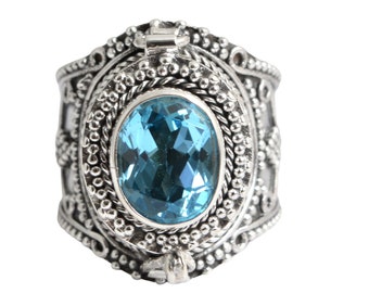 Handmade Solid 925 Sterling Silver Bali Faceted Blue Topaz Poison Pill Box Ring Handmade Solid 925 Sterling Silver Bali Faceted Blue Topaz Poison Pill Box Ring