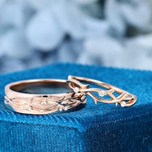 Couples Ring Set 14k Rose Gold Wedding Rings Set Twig Ring for Men and Women His and Hers Wedding Band Lab Grown Diamond Wedding Band