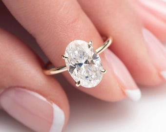 3 CT Oval Cut Moissanite Engagement Ring, 14K Solid Gold Hidden Halo Solitaire Ring, Anniversary Gift, Bridal Ring